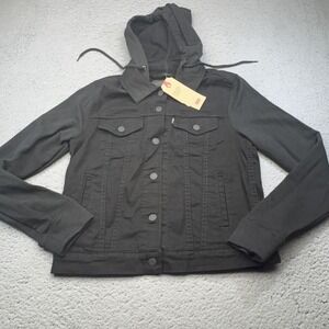 Levis Jacket Womens Medium Black Original Trucker Hooded Denim Jacket NWT